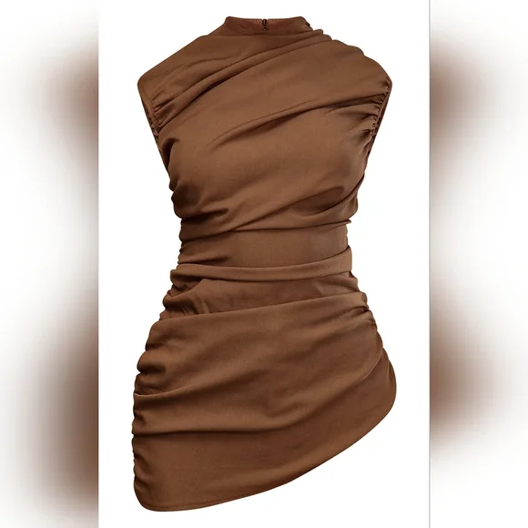 PLT Label Dark Taupe Tailored Extreme Ruched Asymmetric Top Size 12 - Picture 2 of 16